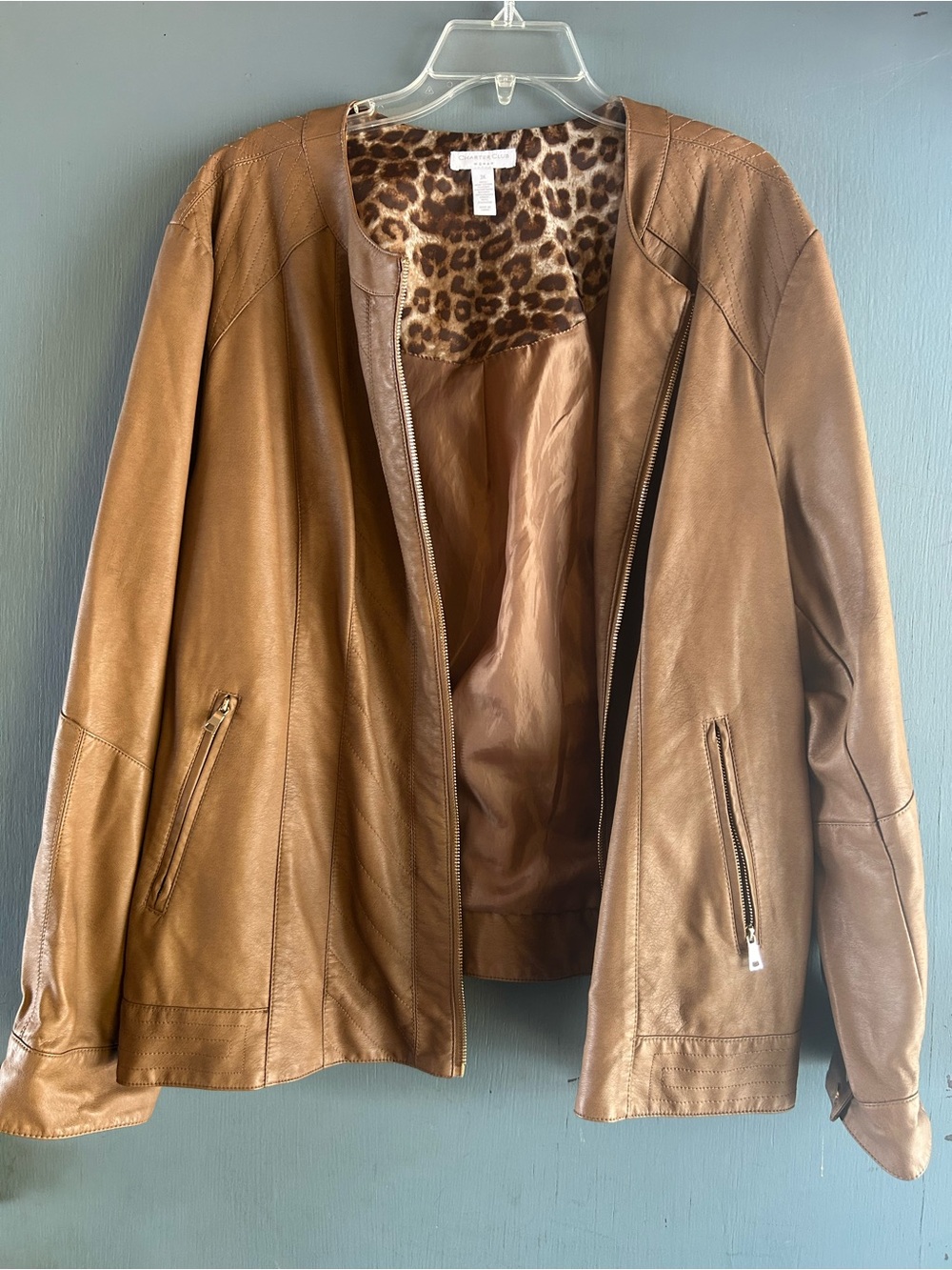 Charter Club Brown Faux Leather Jacket with Leopard-Print Lining